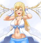  ^_^ amagi_brilliant_park bare_shoulders blonde_hair blue_legwear blush bracer breasts center_opening cleavage closed_eyes finalcake large_breasts long_hair navel no_bra open_mouth pantyhose playing_with_own_hair solo sylphy_(amaburi) toned two_side_up 