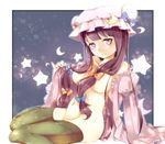  bow breasts crescent hair_bow hair_censor hair_ornament hat hat_bow long_hair long_sleeves looking_at_viewer medium_breasts midriff mob_cap navel no_bra no_panties open_clothes patchouli_knowledge pink_eyes puffy_sleeves purple_hair sitting solo star teitowawa thighhighs touhou wide_sleeves 