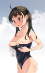  1girl adjusting_clothes ass bare_shoulders black_eyes black_hair blush breasts cameltoe cleavage covered_navel large_breasts long_hair nipple_slip nipples open_mouth original ryoji_(nomura_ryouji) school_swimsuit solo swim_cap_removed swimsuit twintails wet 
