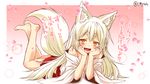 animal_ear_fluff animal_ears barefoot blush crossed_legs eyebrows fang fox_ears fox_tail gradient gradient_background highres japanese_clothes kohaku_(yua) long_hair looking_at_viewer lying miko on_stomach open_mouth original petals pink_background slit_pupils smile solo tail thick_eyebrows twitter_username white_hair yellow_eyes yua_(checkmate) 