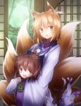  animal_ears blonde_hair brown_eyes brown_hair cat_ears cat_tail chen dress earrings fox_ears fox_tail hat hat_removed headwear_removed hug hug_from_behind jewelry long_sleeves looking_at_viewer minamina multiple_girls multiple_tails no_hat no_headwear pillow_hat tabard tail touhou white_dress wide_sleeves yakumo_ran yellow_eyes 