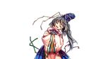  closed_eyes grey_hair harukawa_moe hat head_tilt japanese_clothes kariginu long_hair long_sleeves mononobe_no_futo official_art open_mouth ponytail ribbon skirt smile solo tate_eboshi touhou transparent_background urban_legend_in_limbo wide_sleeves 