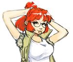  adjusting_hair breasts brown_eyes drawfag fio_germi glasses hair_tie_in_mouth hands_in_hair large_breasts looking_at_viewer metal_slug mouth_hold orange_hair round_eyewear scrunchie semi-rimless_eyewear short_hair snk solo tank_top tying_hair under-rim_eyewear vest 