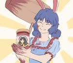  ^_^ animal_ears bad_end blood blood_on_face blood_stain blue_hair bunny_ears closed_eyes giving hammer inaba_tewi jar kine mefomefo seiran_(touhou) smile touhou twintails 