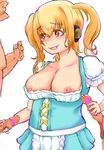  2boys blonde_hair breasts censored chatdau cleavage corset dirndl double_handjob drooling german_clothes handjob heart heart-shaped_pupils heart_censor hetero large_breasts long_hair multiple_boys multiple_penises naughty_face nipple_slip nipples nitroplus no_bra penis red_eyes solo_focus super_pochaco symbol-shaped_pupils twintails 