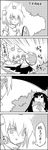  4koma animal_ears brooch comic commentary detached_sleeves ears_down greyscale hat highres imaizumi_kagerou inubashiri_momiji jewelry long_sleeves monochrome open_mouth shield shirt shoujo_kitou-chuu skirt smile sword tani_takeshi tokin_hat touhou translated weapon wide_sleeves wolf_ears yukkuri_shiteitte_ne 