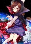  bow box brown_eyes brown_hair cape card cardboard_box clothes_writing glasses hat hat_bow highres long_sleeves looking_at_viewer red-framed_eyewear school_uniform shirt skirt skirt_set smile solo touhou uranaishi_(miraura) usami_sumireko zener_card 