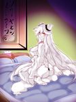  absurdly_long_hair ass blanket blush breast_hold breasts dress full_body futon highres kantai_collection karakure_(kamo-nanban) large_breasts long_hair midway_hime pillow red_eyes shinkaisei-kan sitting solo sparkle tissue_box translated very_long_hair wariza white_dress white_hair white_skin 