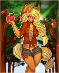  2015 anthro anthrofied apple apple_tree applejack_(mlp) blonde_hair clothing cowboy_hat cutie_mark earth_pony equine female freckles friendship_is_magic fruit green_eyes hair hat holding horse long_hair lovepuma69 mammal my_little_pony outside pony shorts smile solo tree 
