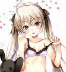  1girl ahoge armpit_crease bangs bare_arms bare_shoulders black_eyes black_ribbon blush bra breasts breasts_apart closed_mouth collarbone commentary_request eyebrows_visible_through_hair hair_ribbon hand_up head_tilt kasugano_sora lace lace-trimmed_bra long_hair looking_at_viewer maumen ribbon sidelocks silver_hair simple_background small_breasts smile strap_pull stuffed_animal stuffed_bunny stuffed_toy tongue tongue_out twintails underwear upper_body white_background white_bra yosuga_no_sora 