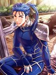  bad_id bad_pixiv_id black_ribbon blue_hair earrings fate/stay_night fate_(series) highres jewelry lancer male_focus ponytail red_eyes ribbon shimo_(s_kaminaka) sitting solo 