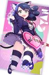  :d animal_ears bell black_hair blush bow cat_ears cat_tail character_name curly_hair cyan_(show_by_rock!!) dress fang green_eyes guitar heart_guitar highres instrument looking_at_viewer open_mouth pemu pink_bow show_by_rock!! smile solo strawberry_heart striped striped_legwear tail thighhighs 