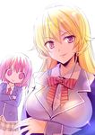  arato_hisako bad_id bad_pixiv_id blazer blonde_hair chibi jacket long_hair multiple_girls nakiri_erina necktie purple_eyes school_uniform shokugeki_no_souma short_hair smile striped striped_neckwear tootsuki_saryou_ryouri_gakuen_uniform yomogi_komegura 