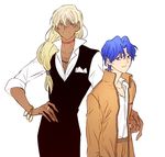  atram_galiast bad_id bad_pixiv_id blonde_hair blue_hair bracelet dark_skin dark_skinned_male dognong fate/stay_night fate_(series) fingernails homurahara_academy_uniform jewelry long_fingernails long_hair low-tied_long_hair matou_shinji multiple_boys ribbon_bangs ring school_uniform vest waistcoat 