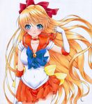  aino_minako bishoujo_senshi_sailor_moon blonde_hair blue_eyes blush bow choker covered_navel earrings elbow_gloves gloves jewelry long_hair magical_girl marker_(medium) millipen_(medium) orange_choker orange_sailor_collar pastel_(medium) red_bow ren_(endscape20) sailor_collar sailor_collar_lift sailor_senshi_uniform sailor_venus skirt smile solo traditional_media very_long_hair white_gloves wind 