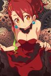  alternate_hairstyle breasts cleavage dress earrings evening_gown hair_ornament hairpin highres himukai_yuuji jewelry large_breasts long_hair multicolored_hair official_art racoona_sheldon red_dress red_hair scan sekaiju_no_meikyuu shin_sekaiju_no_meikyuu skirt_hold smile solo sparkling_eyes two-tone_hair yellow_eyes 