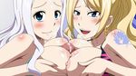  2girls areolae bikini_top blonde_hair blue_eyes blush breast_press breast_squeeze breasts censored cum cum_on_body cum_on_breasts cum_on_upper_body disembodied_penis earrings facial fairy_tail highres jenny_realight jewelry large_breasts long_hair looking_at_viewer mirajane_strauss mosaic_censoring multiple_girls multiple_paizuri nipples open_mouth paizuri penis ponytail simple_background smile tattoo teamwork threesome white_hair 