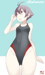  :o antenna_hair bad_id bad_twitter_id character_name collarbone competition_swimsuit covered_navel cowboy_shot kantai_collection looking_away one-piece_swimsuit open_mouth orange_eyes purple_hair sakawa_(kantai_collection) short_hair solo souji swimsuit two-tone_background 