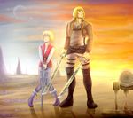  armin_arlert blonde_hair boots cosplay costume_switch crossover he-man masters_of_the_universe multiple_boys pantyhose prince_adam shingeki_no_kyojin short_hair sword thigh_strap three-dimensional_maneuver_gear weapon 