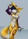  anthro blue_hair bodysuit breasts canine clothing cosplay digimon female fox fursuit hair kandlin looking_at_viewer mammal nipples nude pussy red_eyes renamon s&#039;zira skinsuit smile solo 
