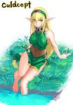  bare_legs bare_shoulders barefoot belt blonde_hair breasts copyright_name covered_nipples culdcept earrings elf grass hairband highres jewelry kigi large_breasts long_hair low-tied_long_hair pointy_ears sitting soaking_feet solo tetsu_(kimuchi) toes tunic very_long_hair water 