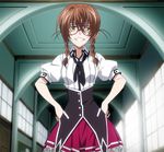  braid brown_hair glasses hallway hands_on_hips high_school_dxd kiryuu_aika pleated_skirt school_uniform screencap skirt solo stitched teeth third-party_edit twin_braids yellow_eyes 