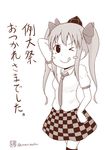  ;p blush_stickers checkered checkered_skirt commentary_request hat himekaidou_hatate monochrome necktie one_eye_closed sazanami_konami short_sleeves skirt solo thighhighs tokin_hat tongue tongue_out touhou translation_request twintails twitter_username 