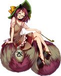  ^_^ animal_ears bow brown_hair clog_sandals closed_eyes crossed_legs full_body futatsuiwa_mamizou glasses gourd harukawa_moe hat kiseru official_art open_mouth pipe raccoon_ears raccoon_tail smile tail touhou transparent_background urban_legend_in_limbo 