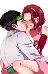  1girl arm_warmers bad_id bad_pixiv_id black_hair blocking blocking_kiss blush brown_hair choker closed_eyes dress earrings green_eyes hand_kiss headband hetero jewelry jojo_no_kimyou_na_bouken kishibe_rohan kiss pink_dress rin2010 sugimoto_reimi sweat 