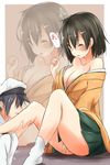  1girl absurdres admiral_(kantai_collection) bare_shoulders black_hair blush breasts brown_hair cleavage commentary_request covering covering_crotch green_eyes hat highres hiryuu_(kantai_collection) kantai_collection large_breasts leg_worship md5_mismatch off_shoulder one_eye_closed open_mouth saku_(kudrove) short_hair skirt zoom_layer 