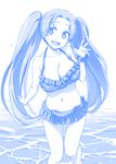  :d bikini blue breasts cleavage collarbone commentary_request frilled_bikini frills getsuyoubi_no_tawawa groin hair_ornament hairclip himura_kiseki large_breasts long_hair monochrome navel open_mouth scrunchie smile solo sparkle swimsuit twintails very_long_hair water wet 
