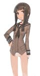  bad_id bad_twitter_id black_hair braid brown_eyes cowboy_shot hand_on_hip kantai_collection kitakami_(kantai_collection) kylin long_hair long_sleeves looking_at_viewer no_pants panties school_uniform serafuku sidelocks simple_background single_braid solo underwear white_background white_panties 