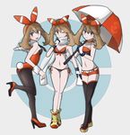  bikini breasts bunnysuit cleavage haruka_(pokemon) high_heels jpeg_artifacts kuroi_paseri looking_at_viewer looking_back multiple_girls navel open_mouth pantyhose pokemon pokemon_(game) pokemon_oras side-tie_bikini small_breasts smile swimsuit thigh_gap thighhighs umbrella wrist_cuffs 