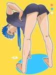  ass bad_id bad_pixiv_id barefoot bent_over blue_hair casual color_guide earrings fate/stay_night fate_(series) from_behind full_body hand_on_hip highres jewelry kneepits lancer long_hair looking_at_viewer looking_back male_focus ponytail shimo_(s_kaminaka) shirt shorts solo stretch t-shirt yellow_background 