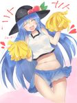  1girl ^_^ belly blue_hair cheerleader closed_eyes collarbone cowboy_shot cropped_legs dutch_angle emushake food fruit groin hat heart hinanawi_tenshi long_hair navel open_mouth peach pom_poms side_slit solo tank_top touhou 