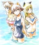  animal_ears bikini blonde_hair blue_bikini blue_eyes breasts brown_hair cat_ears cat_tail chikuwa_(tks) cleavage crossed_arms glasses groin image_sample long_hair lynette_bishop miyafuji_yoshika multiple_girls navel one-piece_swimsuit open_mouth partially_submerged perrine_h_clostermann pixiv_sample school_swimsuit short_hair smile strike_witches swimsuit tail wading water world_witches_series yellow_eyes 