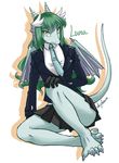  2014 anthro barefoot breasts claws clothed clothing dinosaur dragon english_text female furry gloves green_hair hair horn long_hair necktie plain_background raised_leg scalie school_uniform skirt skykain slit_pupils solo text toe_claws white_background wings yellow_eyes 