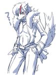  2014 anthro belt canine claws clothed clothing english_text fox fur hair hybrid jacket male mammal navel necklace open_mouth pants plain_background red_eyes red_hair sharp_teeth sketch skykain solo teeth text tongue white_background wolf 