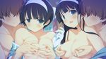  2boys 2girls areolae black_hair blue_eyes blush breast_grab breasts evenicle game_cg grabbing hairband highres kinou kyou large_breasts long_hair looking_at_viewer multiple_boys multiple_girls nipples no_bra open_clothes open_mouth orgy short_hair smile yaegashi_nan 