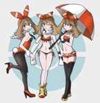  3girls :d bare_legs bare_shoulders bikini black_thighhighs blush boots breasts brown_hair bunny_girl bunnysuit choker cleavage detached_collar female gloves grey_eyes hair_bow haruka_(pokemon) haruka_(pokemon)_(remake) high_heels holding jpeg_artifacts legs leotard looking_at_viewer looking_back mayapazoo midriff multiple_girls multiple_persona navel nintendo open_mouth pantyhose pokemon pokemon_(game) pokemon_oras race_queen scarf shoes short_hair side-tie_bikini small_breasts smile sneakers standing standing_on_one_leg strapless swimsuit thigh_boots thighhighs tray umbrella wink 