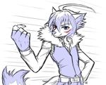  2013 anthro belt blue_eyes blue_fur blue_hair blue_nose canine clothed clothing english_text fist fur gloves hair heterochromia jacket looking_at_viewer male mammal pants pose purple_eyes sketch skykain smile solo text white_fur white_hair 