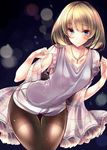  amane_ruri blue_eyes blush brown_hair green_eyes heterochromia idolmaster idolmaster_cinderella_girls jewelry mole mole_under_eye necklace pantyhose short_hair smile solo takagaki_kaede thighband_pantyhose 