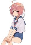  ahoge bad_id bad_twitter_id crop_top hair_ornament hands_on_own_knees hita_(hitapita) i-58_(kantai_collection) kantai_collection looking_at_viewer neckerchief pink_eyes pink_hair pout sailor_collar school_swimsuit school_uniform serafuku short_hair simple_background sitting solo swimsuit swimsuit_under_clothes tears white_background 