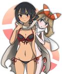  2girls bikini black_hair blue_eyes blush breasts brown_hair cleavage dark_skin haruka_(pokemon) haruka_(pokemon)_(remake) higana_(pokemon) long_hair looking_at_viewer mayapazoo multiple_girls navel open_mouth pokemon red_eyes swimsuit 