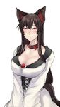  animal_ears blush breasts brooch brown_hair cleavage collar commentary_request corset covered_nipples dress highres imaizumi_kagerou jewelry large_breasts long_hair long_sleeves looking_at_viewer nicutoka red_eyes tail touhou white_dress wolf_ears wolf_tail 