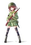  alternate_costume arisaka bandolier black_footwear black_legwear bolt_action boots brown_eyes brown_hair error full_body gun hair_ornament hairclip helmet highres ikazuchi_(kantai_collection) imperial_japanese_navy kantai_collection longmei_er_de_tuzi looking_at_viewer military military_uniform pouch rifle shorts simple_background smile solo thighhighs type_38_carbine uniform weapon white_background world_war_ii 