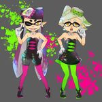  aori_(splatoon) bare_shoulders cousins detached_collar earrings fangs food_themed_clothes gloves green_legwear hat hotaru_(splatoon) jewelry mole mole_under_eye multiple_girls one_eye_closed paint_splatter pantyhose pink_legwear pointy_ears short_jumpsuit splatoon_(series) splatoon_1 symbol-shaped_pupils tentacle_hair tentacles yellow_eyes 