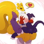  &lt;3 backsack balls big_breasts blue_eyes breast_grab breast_smother breasts butt clothing digimon duo female gloves huge_breasts impmon male plain_background renamon sitting size_difference smothering sssonic2 straddling white_background 