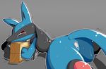  3_fingers after_sex anus blue_fur bound butt canine cum cum_in_ass cum_inside fur leaking looking_at_viewer looking_back lucario lying mammal nintendo on_front pok&eacute;mon red_eyes solo spikes tears video_games 依久 