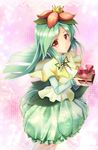  artist_name bow bowtie dress flower gift green_dress green_hair hair_flower hair_ornament highres image_sample lilligant long_hair personification pixiv_sample pokemon red_eyes solo yuitsuki1206 